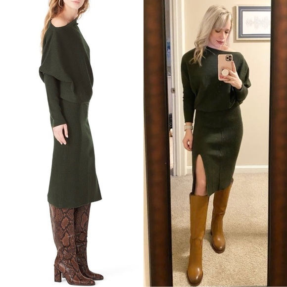 VICTOR ALFARO Rib Knit Off Shoulder Long Sleeve Midi Side Slit Sweater Dress XL - Picture 3 of 8